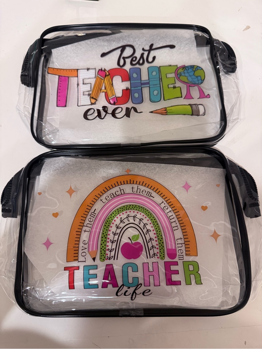 Clear Teacher Life Cosmetic Pouch with Colorful Rainbow Artwork